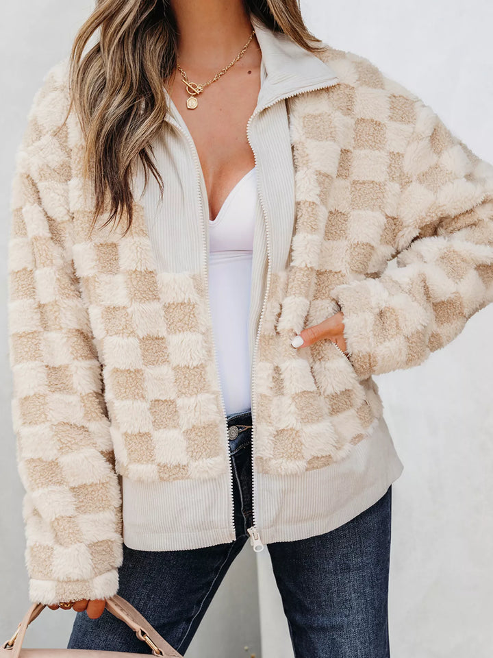 Beige Checkered sherpa zip-up jacket with corduroy collar and trim