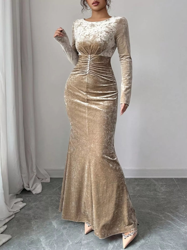 Crushed velvet ruched waist long sleeve maxi dress