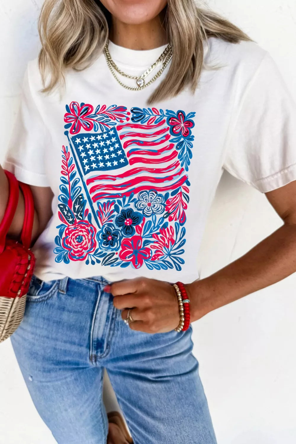 Floral American flag graphic crew neck tee