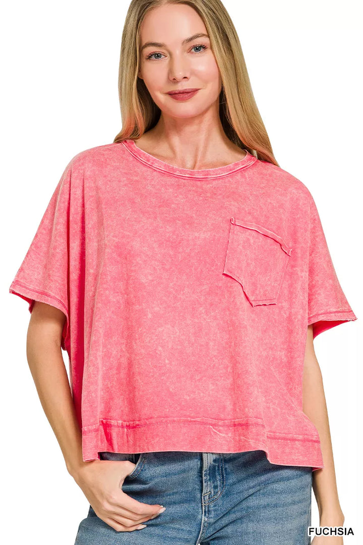FUCHSIA Acid wash oversized short sleeve tee with chest pocket