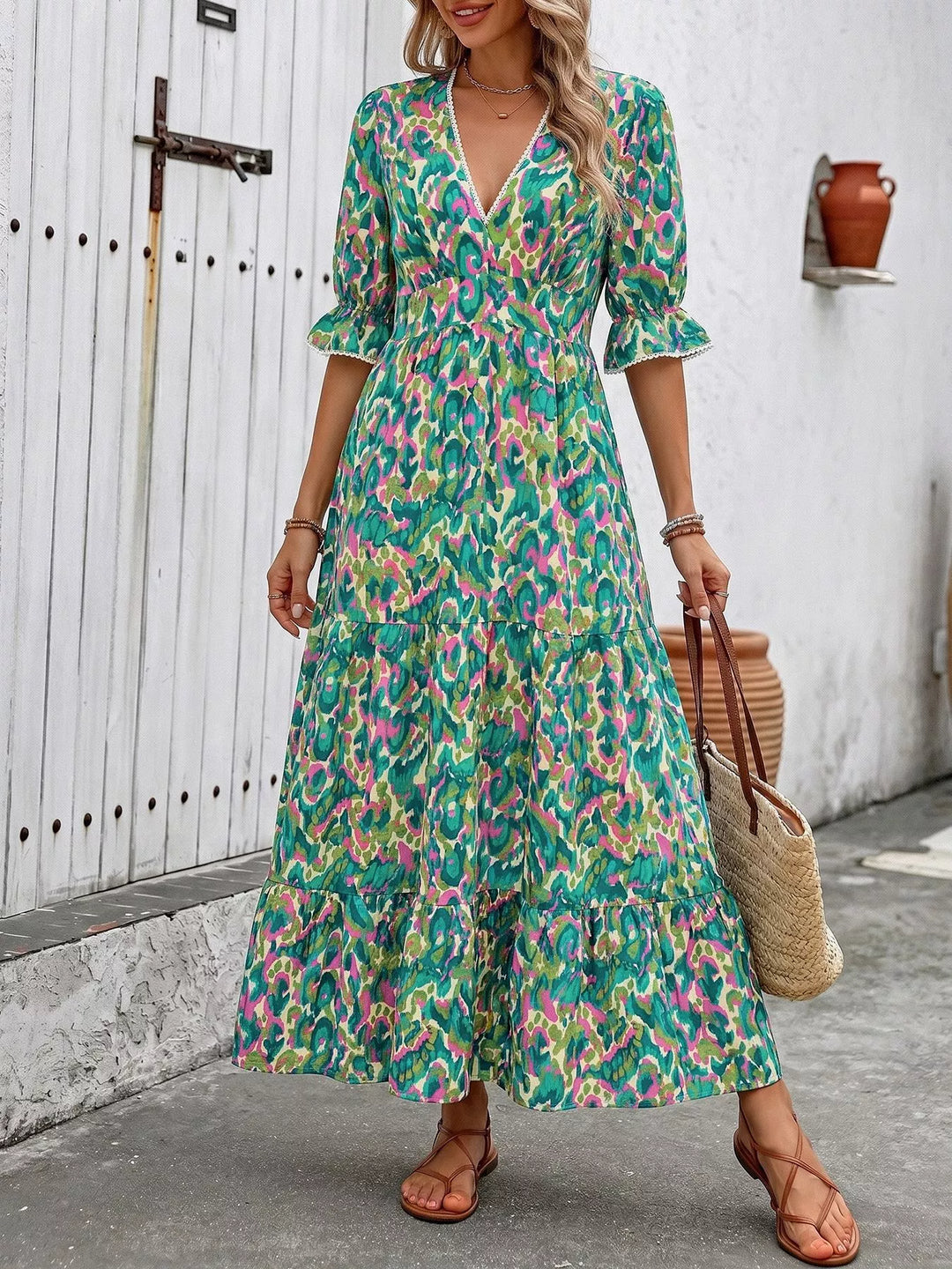 Abstract print v-neck flounce sleeve tiered maxi dress