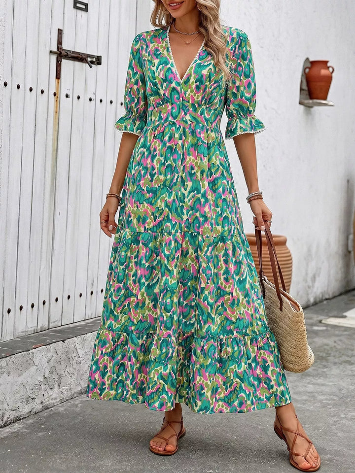 Abstract print v-neck flounce sleeve tiered maxi dress