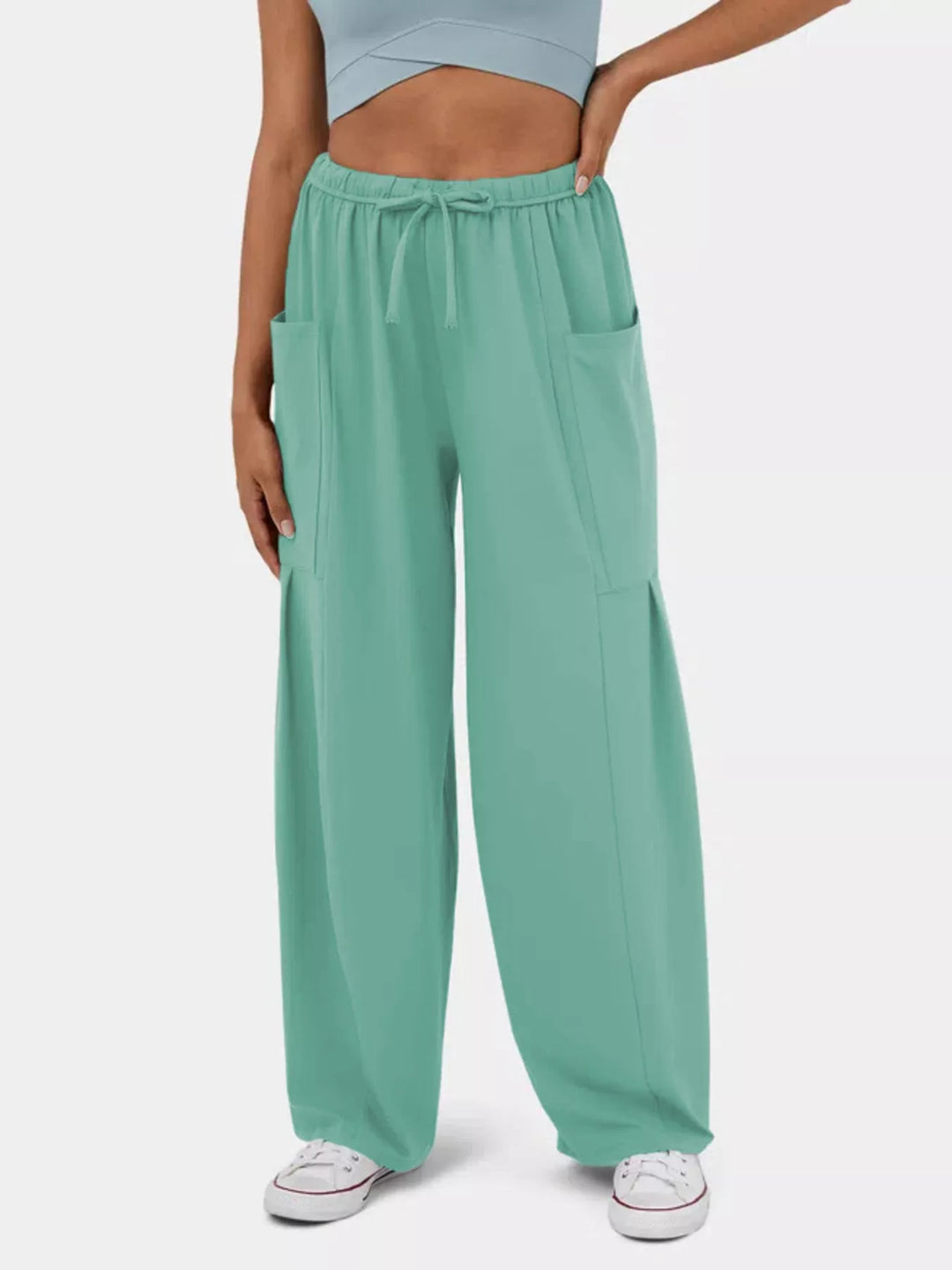 High-rise drawstring wide-leg pants with patch pockets