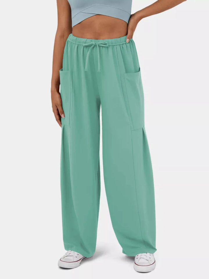 High-rise drawstring wide-leg pants with patch pockets