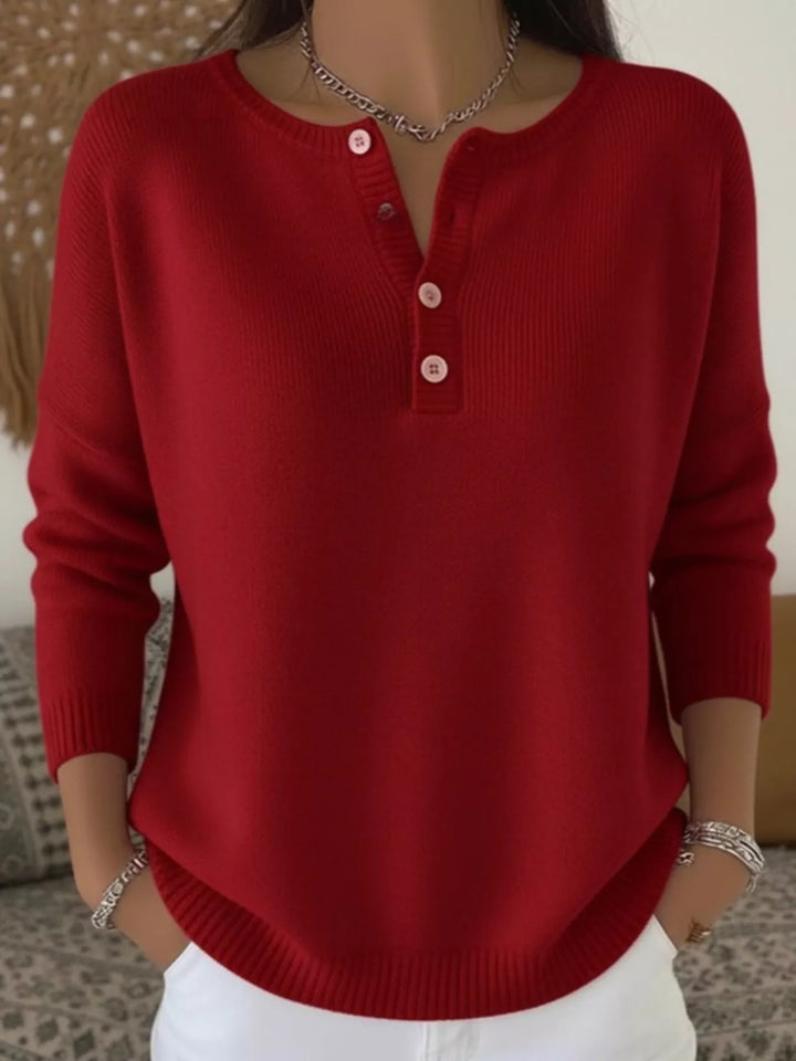 Wine Red Henley button knit sweater with ribbed trim