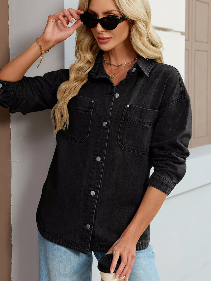 Black Dropped shoulder button-up denim jacket with chest pockets