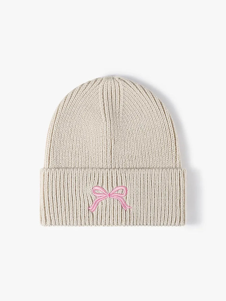 Beige Embroidered bow ribbed knit cuffed beanie hat