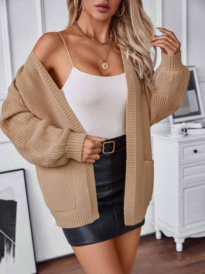 Textured basketweave knit open-front cardigan with pockets