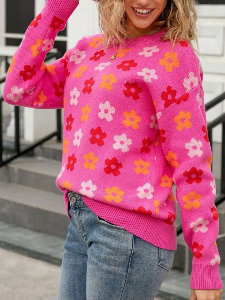 Retro daisy floral crew neck knit sweater
