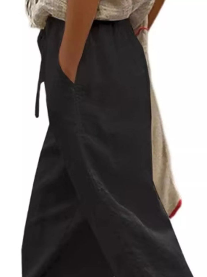 Drawstring linen-look cropped pants with side pockets