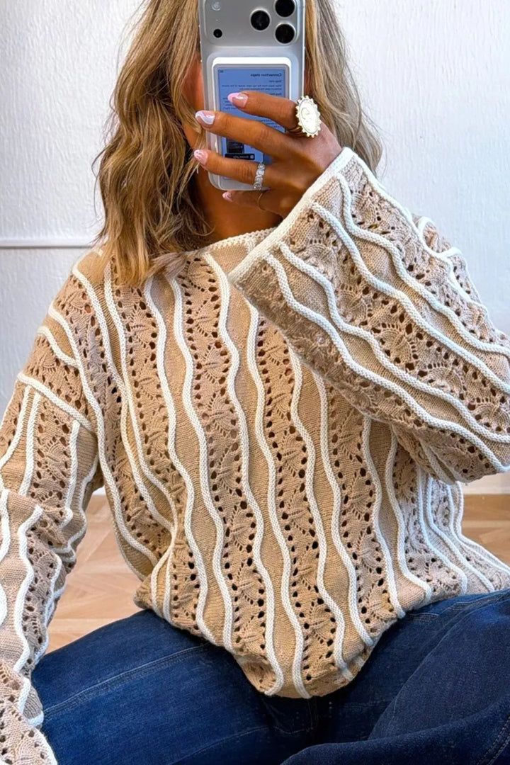 Wavy contrast stripe openwork knit sweater top