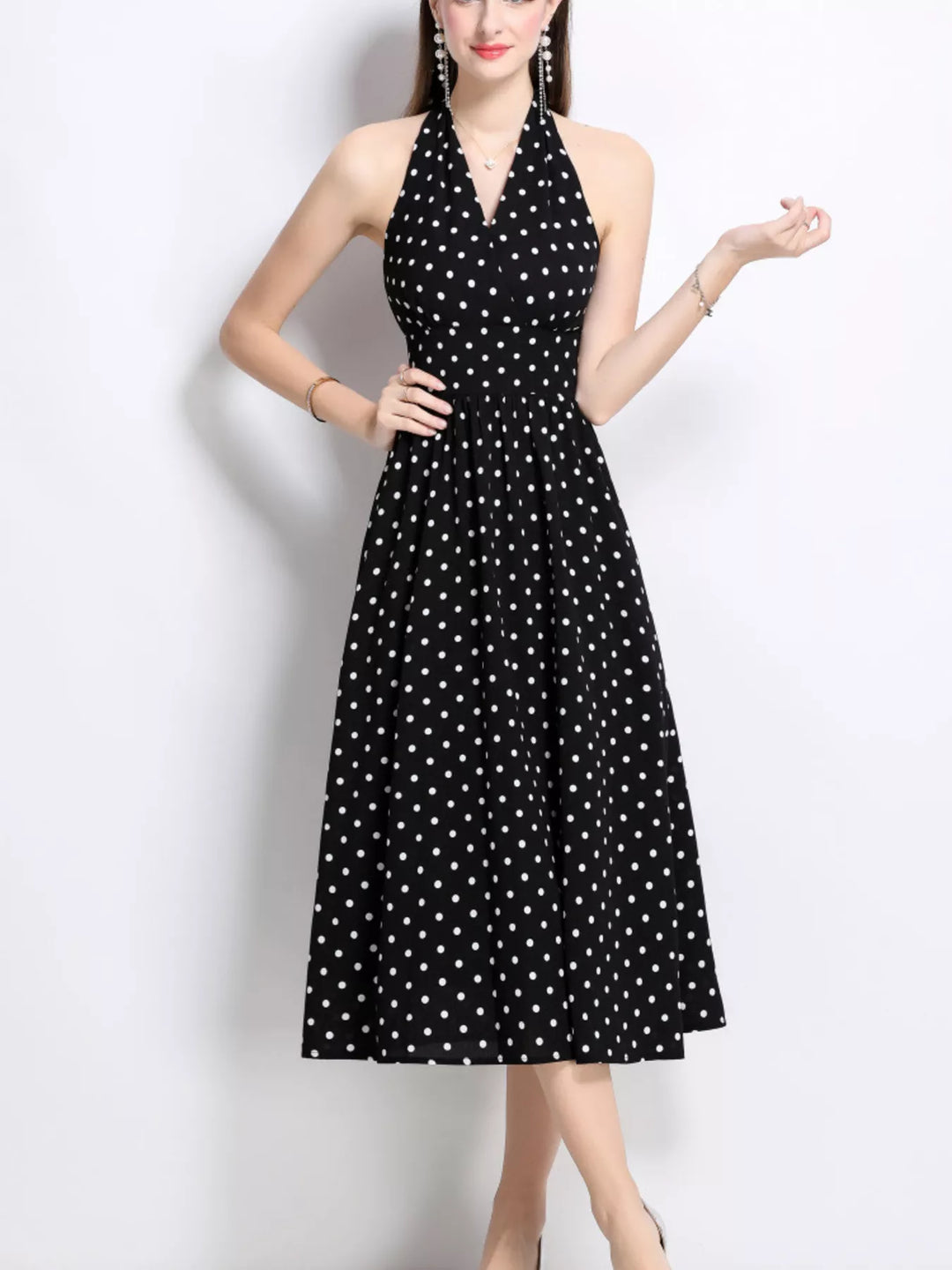 Polka dot halter midi dress with full A-line skirt