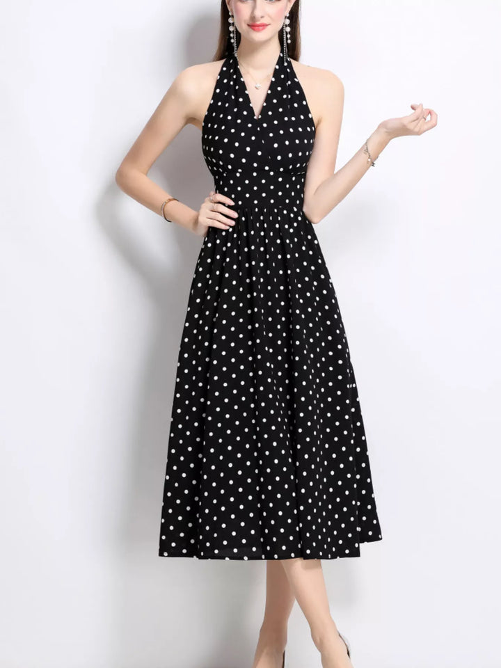 Polka dot halter midi dress with full A-line skirt