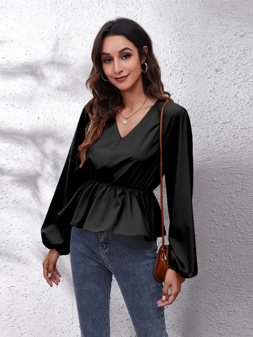 Black Balloon sleeve peplum blouse with V-neck