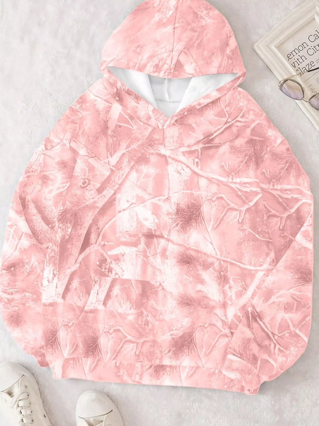 Oversized branch print hoodie with kangaroo pocket