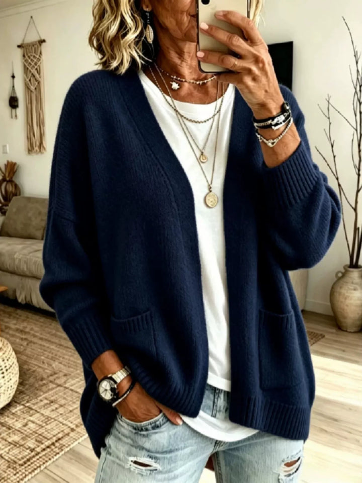 Navy Open front knit cardigan with patch pockets and ribbed trim