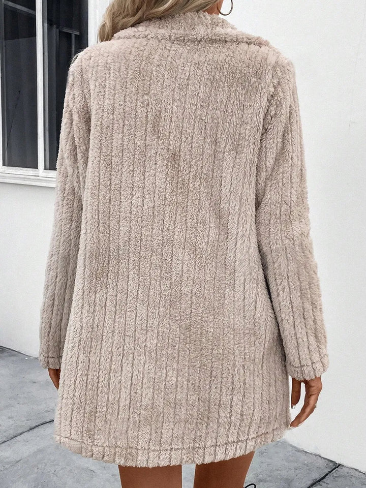 Fuzzy fleece notch lapel longline coat with pockets