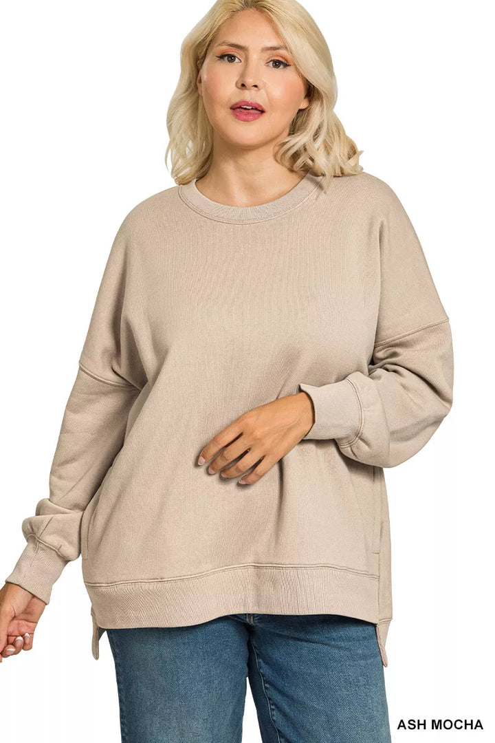 Hi-low fleece boyfriend sweatshirt with side pockets