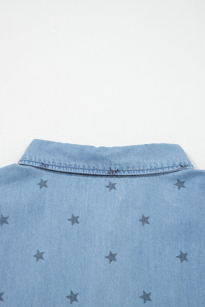 Star print short sleeve denim shirt with chest pockets