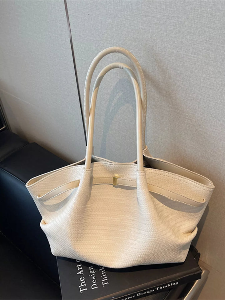 Off-white Woven texture faux leather tote bag with gold clasp
