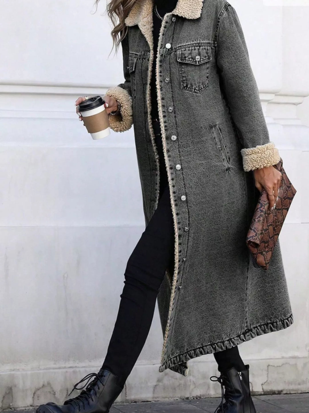 Dark Gray Sherpa-lined longline button-front denim jacket