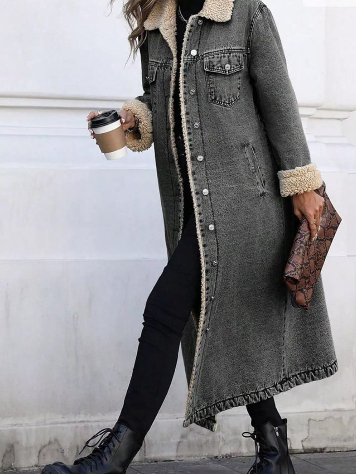 Dark Gray Sherpa-lined longline button-front denim jacket