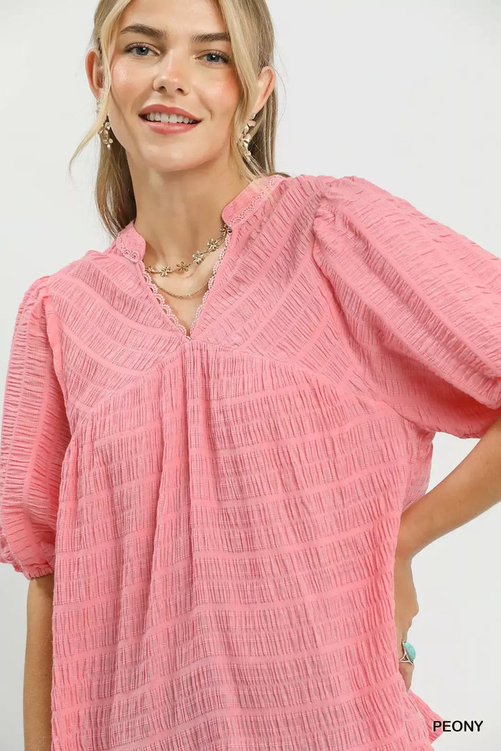 Textured puff sleeve blouse with lace-trim split neck