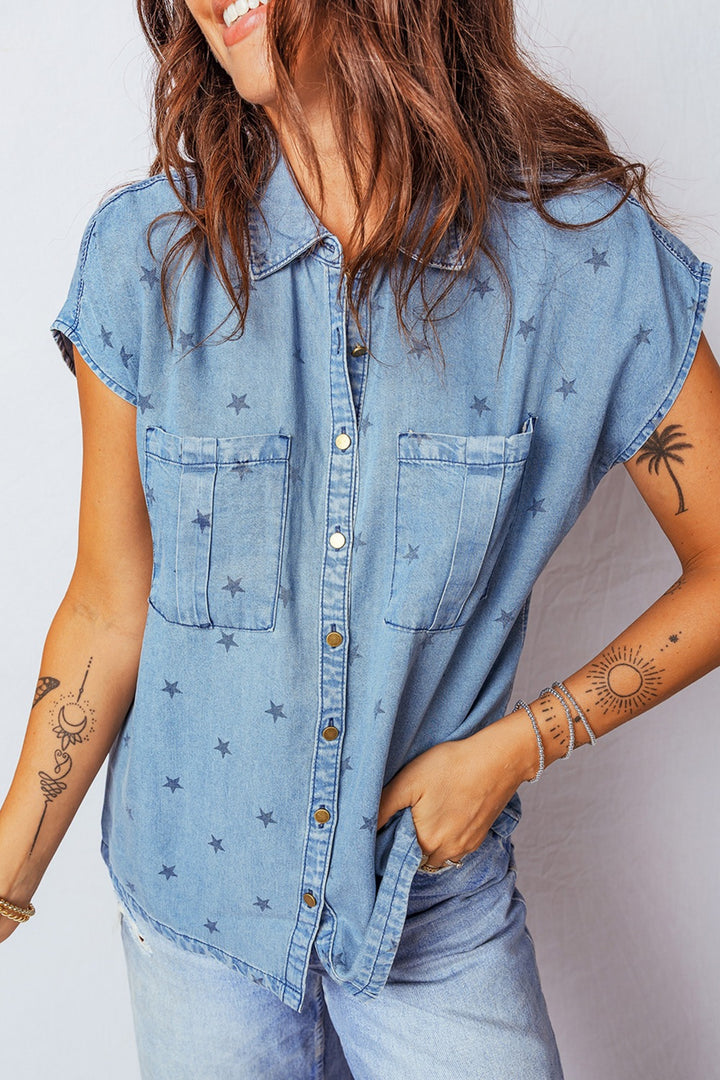 Star print short sleeve denim shirt with chest pockets