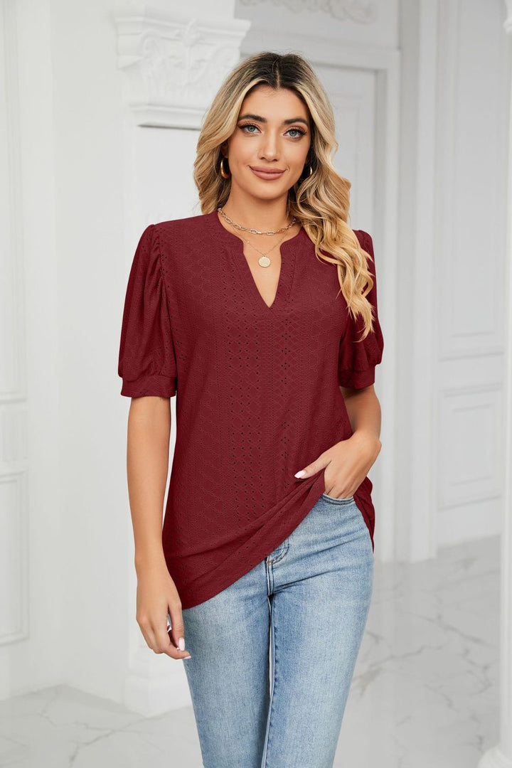Wine Eyelet puff sleeve top with notched V-neck