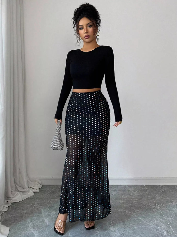 Sheer mesh iridescent polka dot maxi skirt