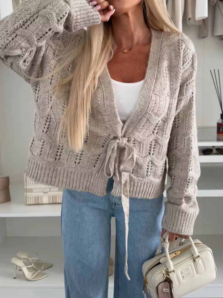 Openwork tie-front cropped knit cardigan