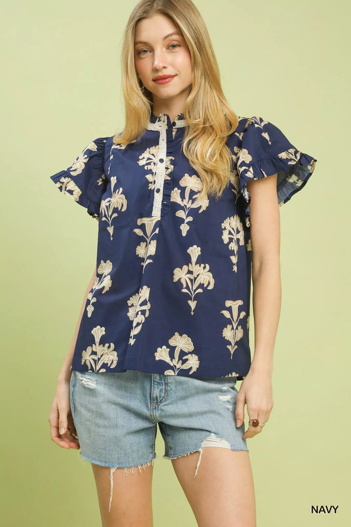 NAVY Floral ruffle sleeve top with lace-trim split neck