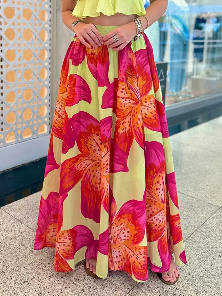 Bold floral print flared maxi skirt with pockets