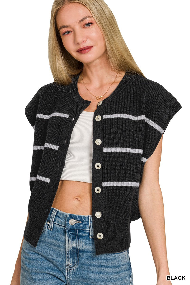 Ribbed striped sweater vest with button-down front