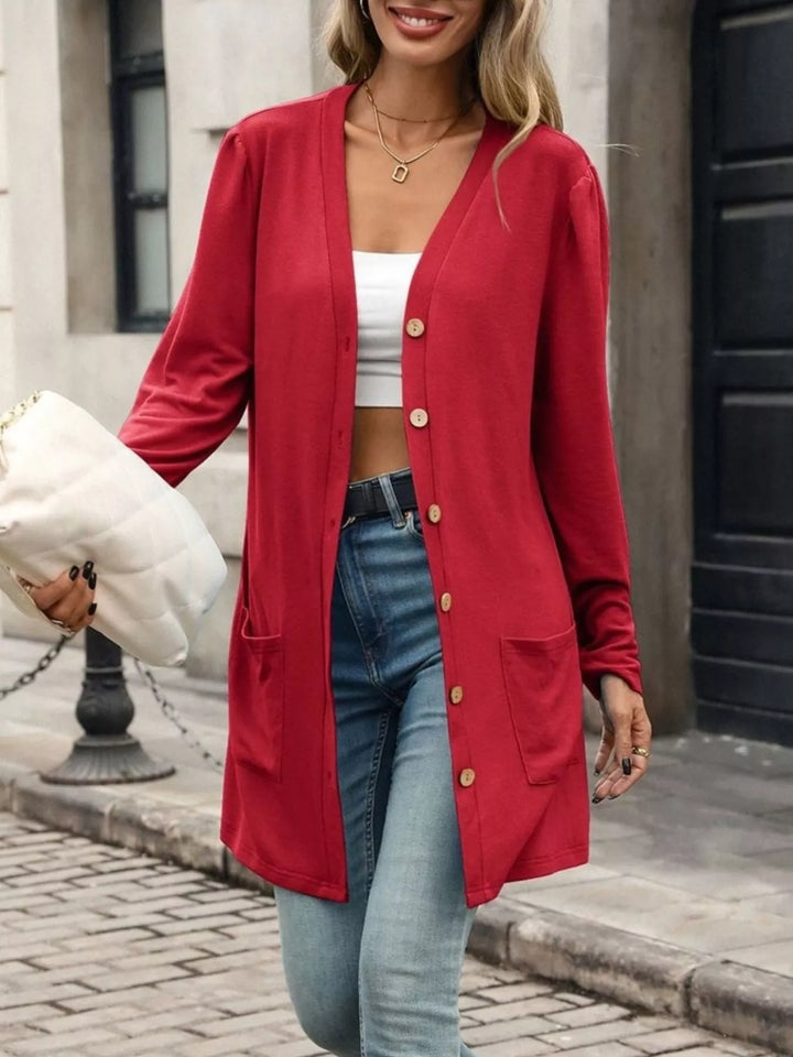 Longline V-neck button-front cardigan with patch pockets