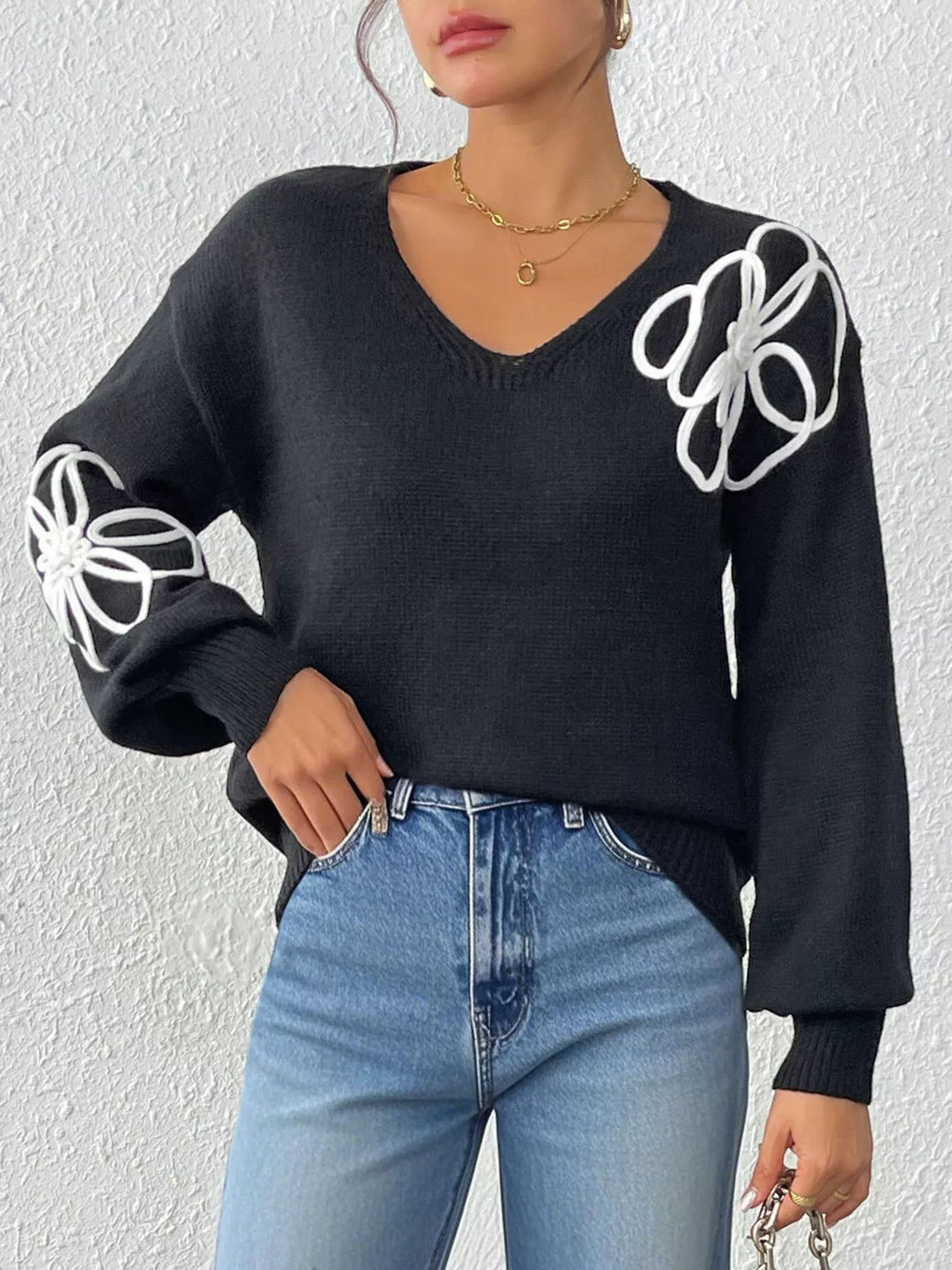 Black Floral applique V-neck drop shoulder knit sweater