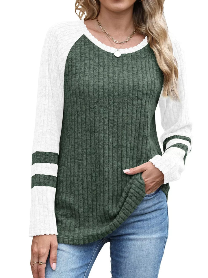 Army Green Ribbed knit raglan long sleeve top with varsity stripe sleeves