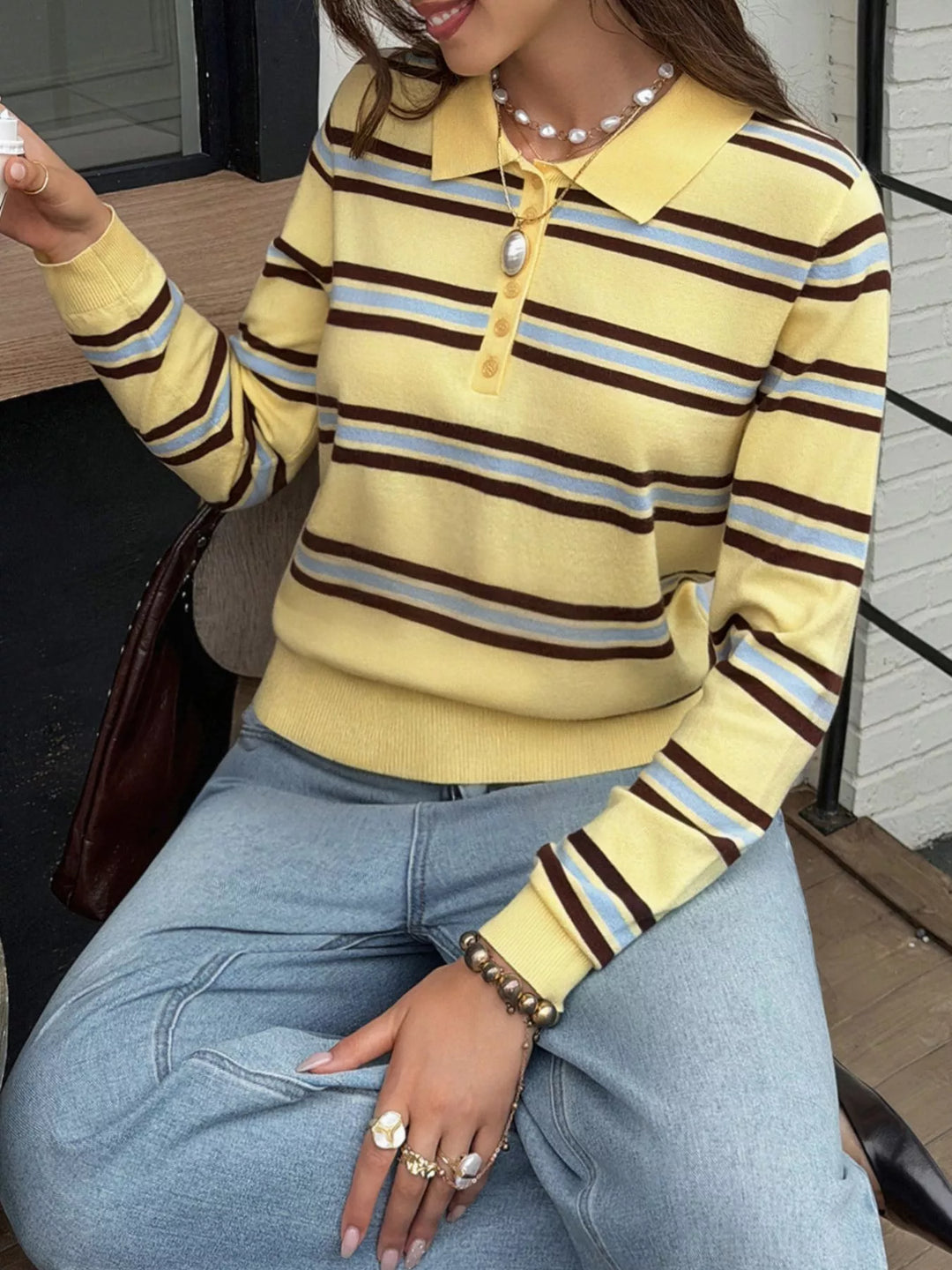 Striped polo collar knit top with button placket