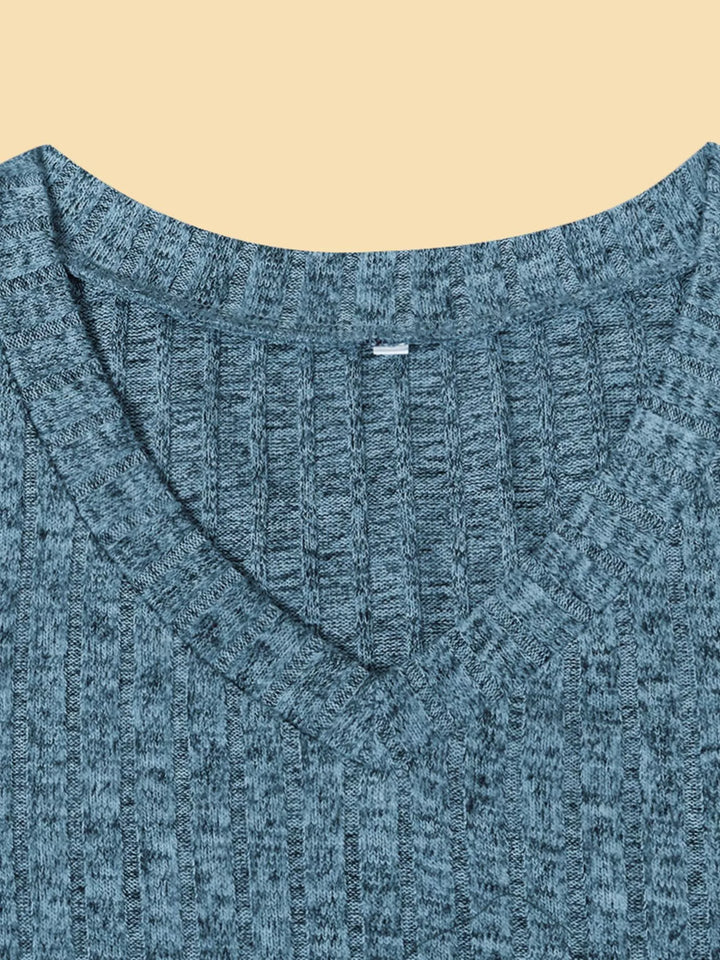 Ribbed knit V-neck long sleeve top with drop shoulders