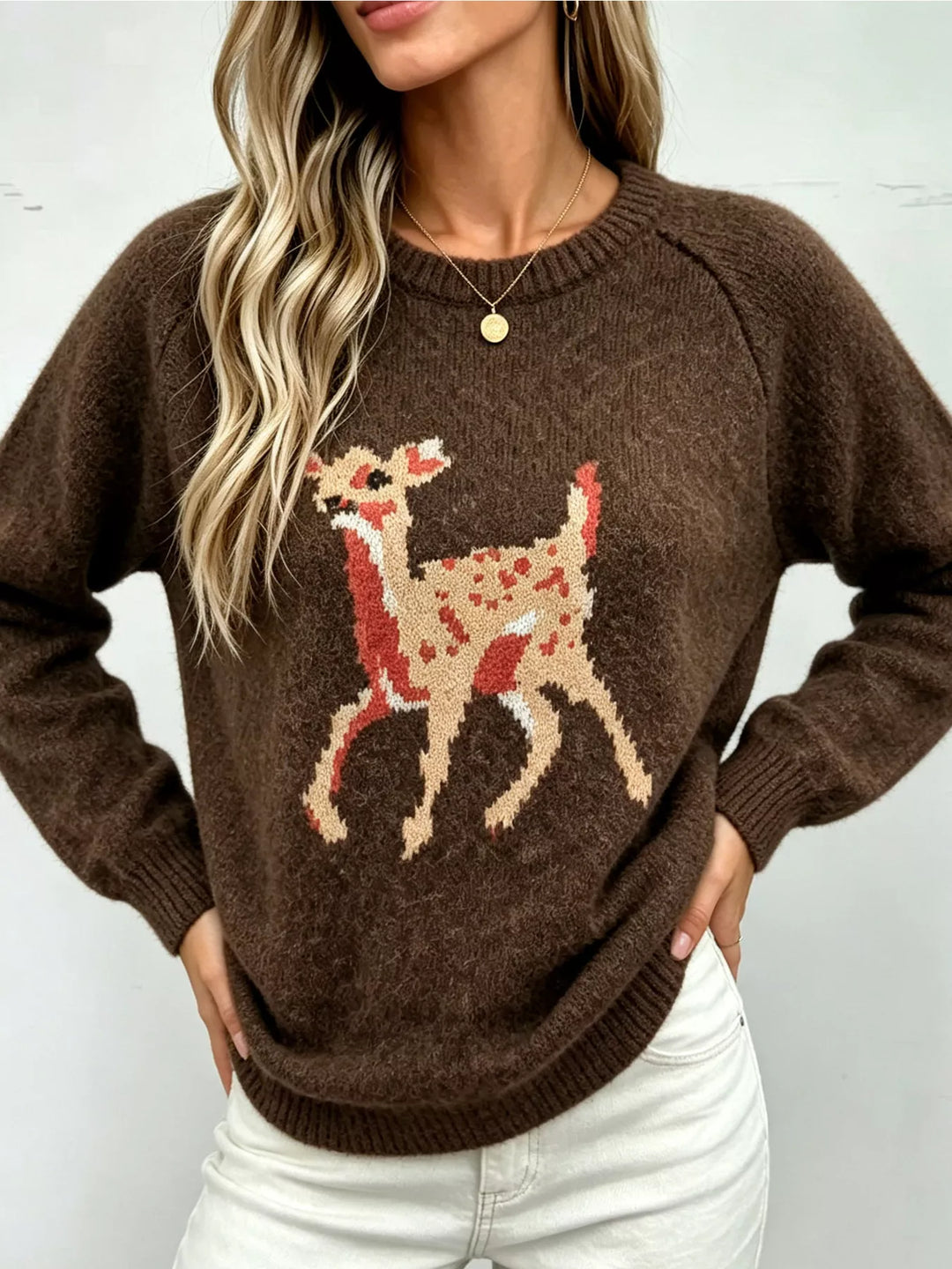 Deer knit raglan sleeve pullover sweater with ribbed trim
