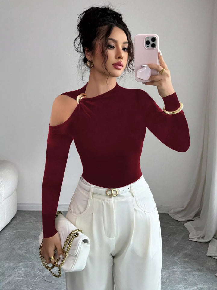 Burgundy Cutout one-shoulder long sleeve top with ring detail