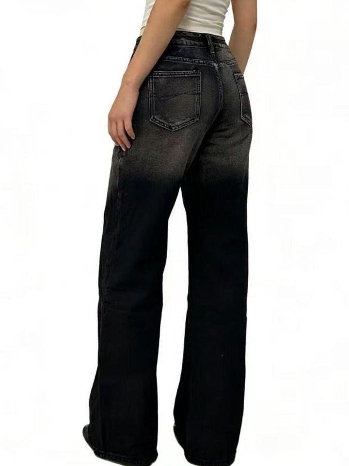 Distressed wide-leg jeans with faded thigh wash