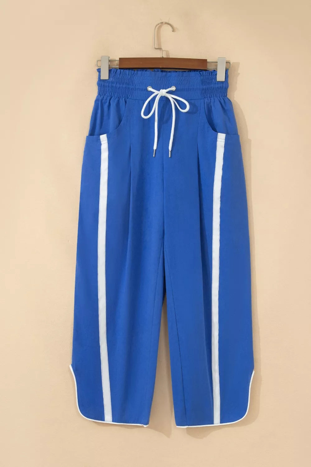 Contrast stripe smocked waist cropped track pants