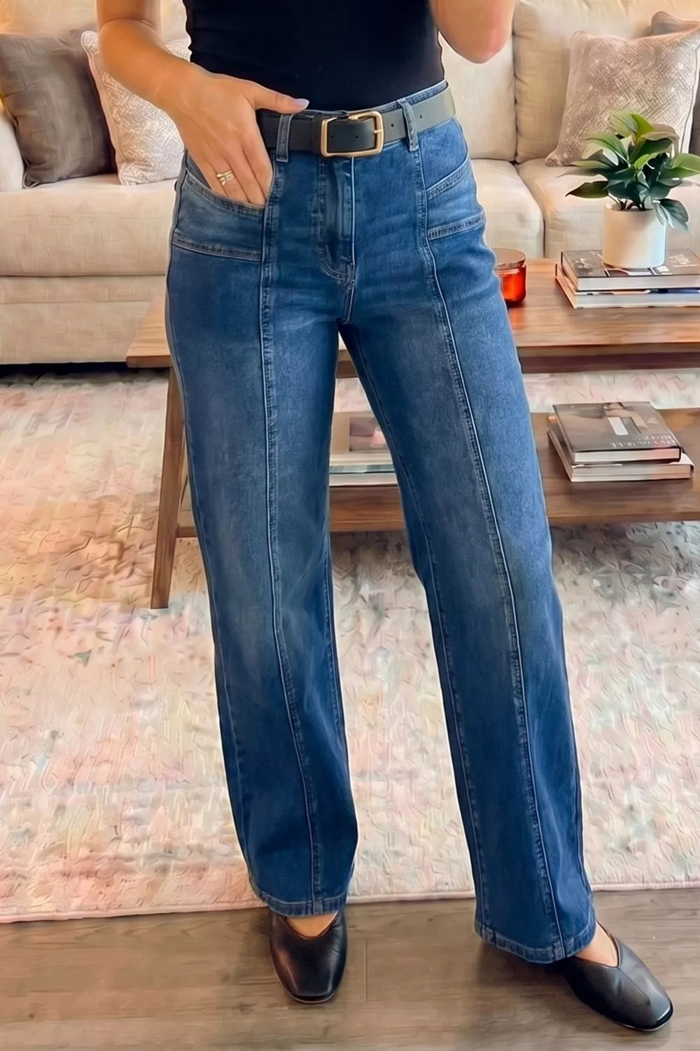 High-rise wide-leg jeans with center seam detail