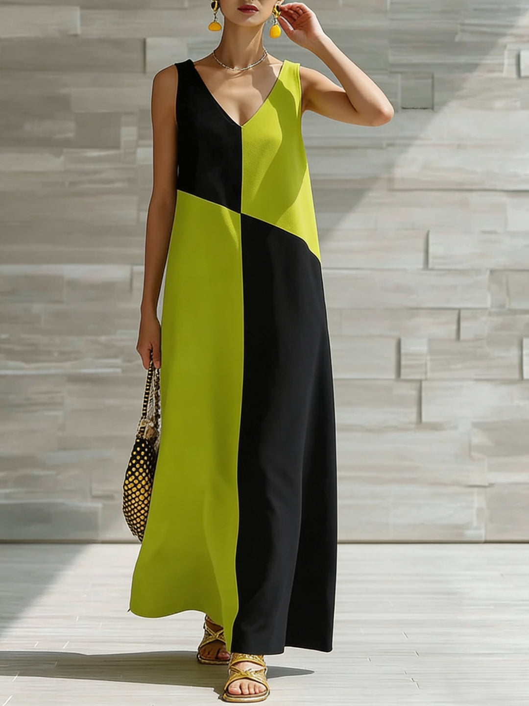 Color block sleeveless V-neck maxi dress