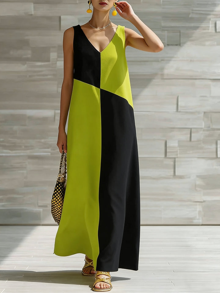 Color block sleeveless V-neck maxi dress