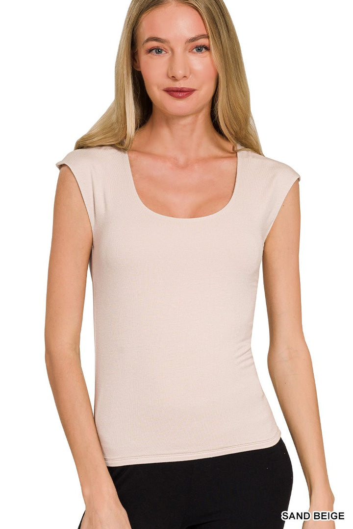 SAND BEIGE Double-layered fitted scoop neck cap sleeve top