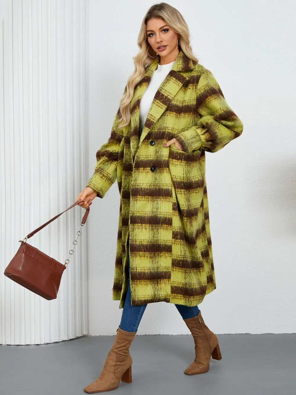 Plaid double-breasted longline coat with notch lapel