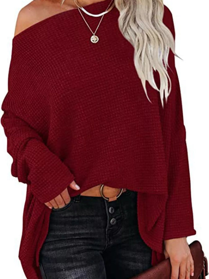 Burgundy Oversized waffle knit boat neck top with dolman sleeves