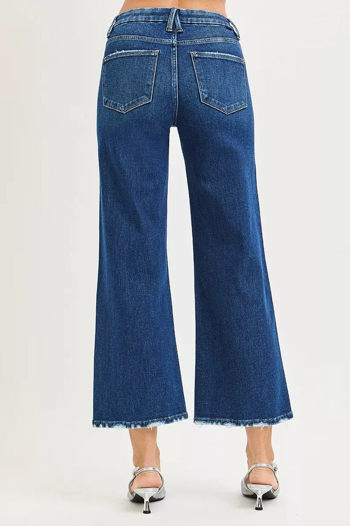 High-rise cropped wide leg jeans with raw frayed hem